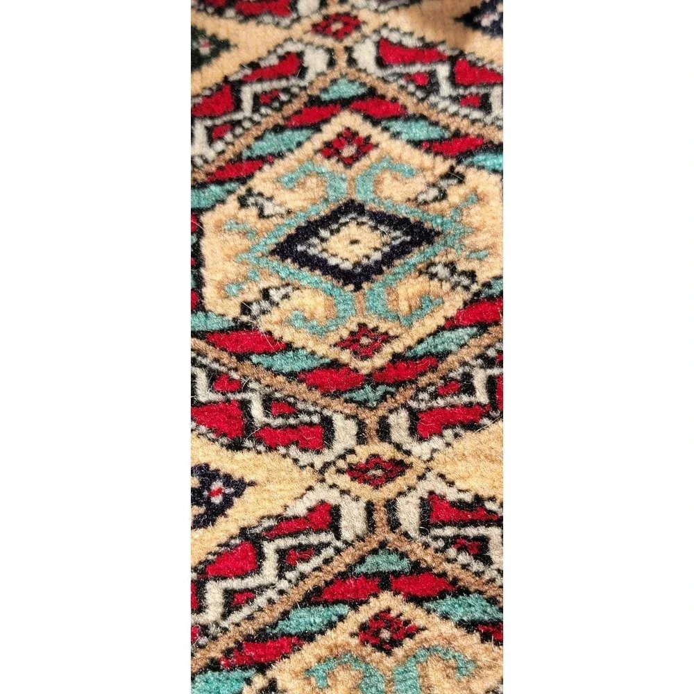 Vintage Tribal Geometric Runner Rug 2x5 Beige Red Wool Hand-Knotted